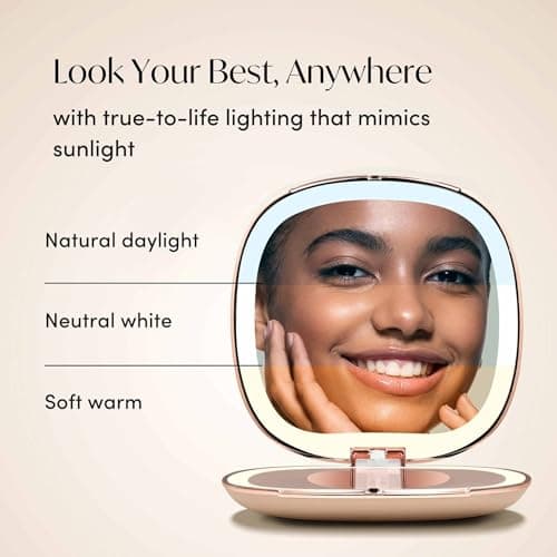 Fancii Mila 2 Compact Makeup Mirror with LED Light, Rechargeable, 10x /1x Magnifying, Tru-Glow Lighting System, Vegan Leather, Small Travel Mirror for Purses (Champagne Cream) — view 3