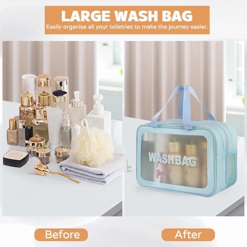 Large Clear Wash Bag, Dry Wet Segregation Toiletry Bag with Hollow Mesh Portable Makeup Bag PVC Waterproof Cosmetic Bag Travel Toiletries Bags for Women Men (Large-Blue) — view 3