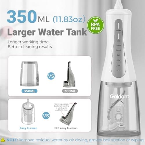 GOLDANT 2026 New 350ML Water Flosser with Drainage & Storage Stand, Keeps Dry & Clean, Travel Bag, 5 Modes, 360°Nozzle, Cordless Rechargeable, IPX7 Waterproof, Portable for Home & Travel (White) — view 4