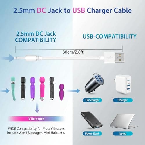 TwinkleHom 2.5mm DC to USB Charger Cable for Rechargeable Massager Wand, Replacement Charging Lead with USB-A 5V 2A Power Cord Compatible with 2.5mm Devices (White), 80cm — view 2