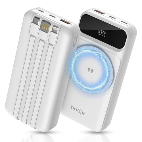 Bridje Magnetic Power Bank 20000mAh Wireless & Wired Portable Charger with 3 Built-In Cables, LCD Display, 22.5W Fast Charging for iPhone, Android Phones, Tablets & USB-C Devices – White