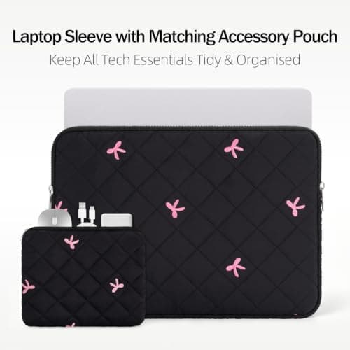JOOEER 13-14" Laptop Sleeve, Bow Embroidered with Storage Pouch, Black — view 2