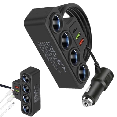 Multi Port Car USB Charger - Ultra Fast 4 Way Car Charger, Flexible Gooseneck Extension | 12 Inch Adjustable Arm, 360 Degree Rotation, Anti-Vibration Cushion, Adaptat