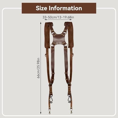 Genuine Leather Dual Camera Harness, Adjustable Double Camera Sling Strap with Soft Shoulder Pad and Safety Rings, Professional Two Camera Carrier for Wedding Event Travel Photographers — view 2