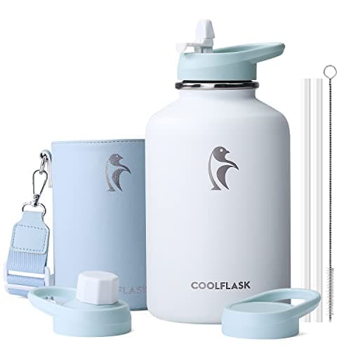 Coolflask 2L Water Bottle Insulated with PU Leather Sleeve & 3 Lids