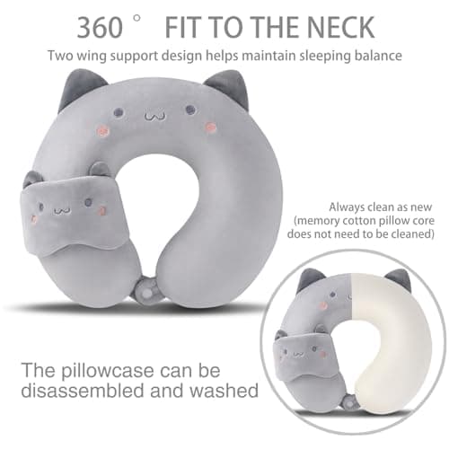 Travel Pillow Kids Travel Pillow with Sleep Eye Mask Cute Neck Pillow for Travel Soft Memory Foam Travel Neck Pillow for Adults and Kids Airplane Sleeping Travel and Camping (grey cat) — view 4