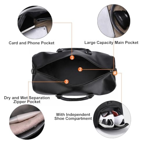 Ryanair Cabin Bag 40x20x25 Underseat Travel Duffel Bag, Leather Hand Luggage Bag Overnight Weekend Bag with Shoes Compartment & Wet Pocket, BlackA — view 4