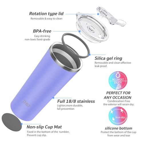 THILY Tumbler Stainless Steel Travel Mug 780 ml Triple-Insulated Coffee Cup with 2 Lids and Straws, Reusable, Powder Coated, Splash-Proof, Keep Ice Drinks Cold, Lavender — view 4