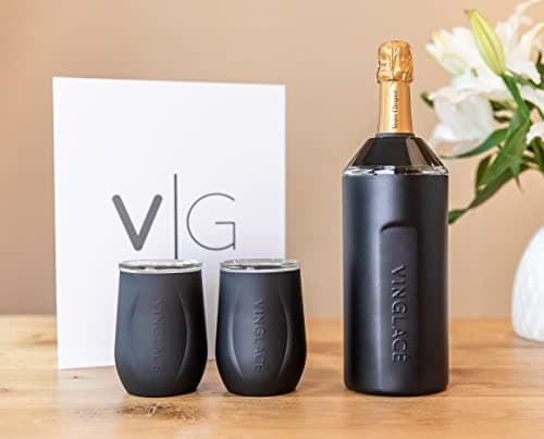 Vinglacé Wine Bottle Chiller Gift Set- Portable Stainless Steel Wine Cooler with 2 Stemless Wine Glasses, Black, VBLK2WGVG — view 2
