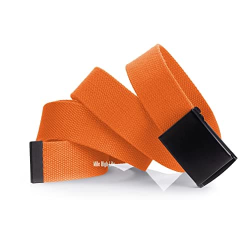 Mile High Life Cut To Fit Canvas Web Belt Size Up to 52" with Flip-Top Solid Black Military Buckle (Orange) — view 5