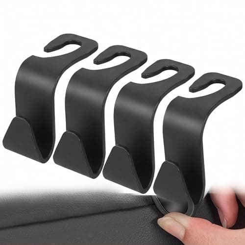 Car Seat Headrest Hooks, Universal Back Seat Hanger, Heavy Duty Storage Organiser for Handbags, Purses & Grocery Bags, Black, 4 Pack