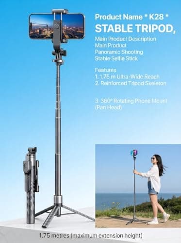 Selfie Stick Tripod For Phone,175cm Aluminum All in One Extendable Tripod For Smartphone,With Wireless Remote, Anti-Shake Base, 360° Rotation, Portable Travel Tripod for iPhone/Samsung/Android/Camera — view 3