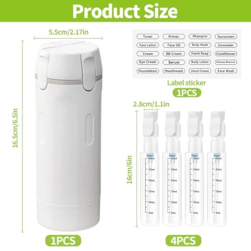 NKFBEV Travel Dispenser Bottles, 4 in 1 Travel Bottles for Toiletries, Portable Leak Proof Refillable Travel Containers with Scale & Label for Lotion Liquid Shampoos Conditioner Cream (White) — view 2