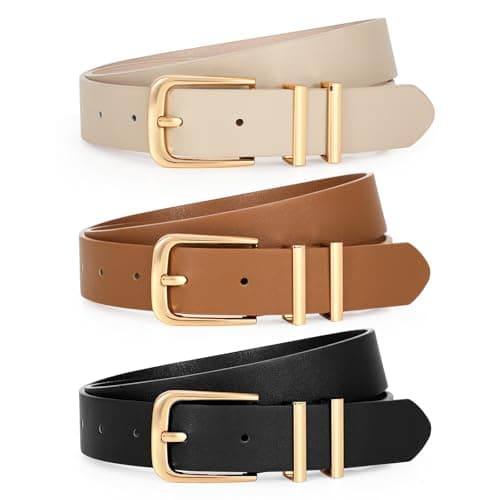 WERFORU 3 Pack Women's Leather Belts for Jeans Dresses Fashion Ladies Gold Buckle Leather Belts, Black/Brown/Beige
