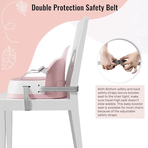 UBRAVOO Portable Booster Seat for Dining, Travel High Chair with 3-Point Harness and 2 Adjustable Straps, Washable Baby Food Chairs 6 Months Plus Sitting Up(Pink) — view 3