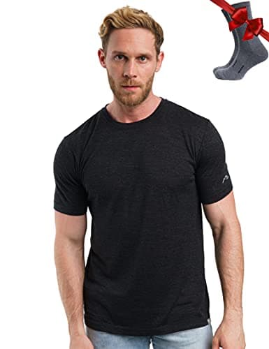 100% Merino Wool T Shirt Mens - Merino Wool Base Layer Men + Hiking Socks (Charcoal Grey, Large)