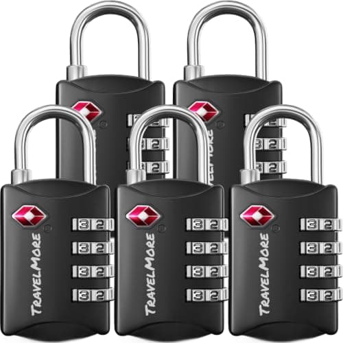 5-Pack TSA Luggage Lock with 4-Digit Combination | Set-Your-Own Padlock for Travel, Baggage, Suitcases & Backpacks | Luggage Locks | TSA Locks | Heavy-Duty Padlock | Black
