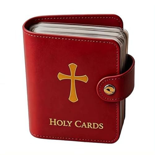Catholic Faux Leather Holy Card Holder, Pocket Prayer Card with 54 Holy Cards,PU Portable Organizer with Snap Closure for Sacred Heart,Portable Storage Booklet for Cards Medals Tokens Gifts(Red) — view 6