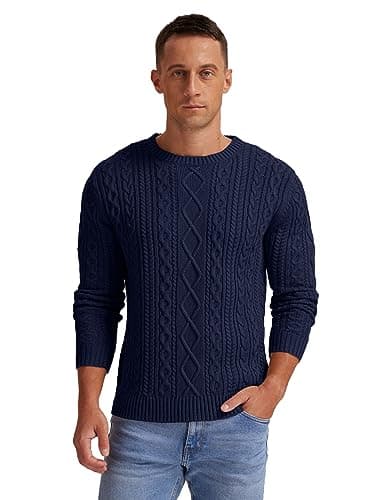 Hisir Men's Cable Knit Jumper, Thick Warm Crew Neck Winter, Navy Blue, XXL — view 2