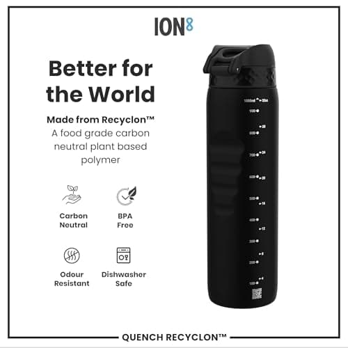 ION8 1 Litre Water Bottle, Leak Proof, Flip Lid, Carry Handle, Rapid Hydration, Dishwasher Safe, BPA Free, Contoured Grip, Ideal for Travel, Gym & Activity, Carbon Neutral Recyclon, 32 oz, Black — view 5