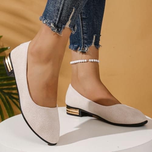 Womens Leather Ballet Flats Womens Cream Ballet Flats Casual Work Dating Leisure Comfortable Slip On Design Closed Toe Block Heel Year Round Use Ballerina Shoes Pumps Driving Summer — view 4