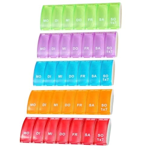 ZHAOYCSH 7 Day Pill Organiser, Weekly Medicine Box Portable Pill Case for Vitamins, Supplements, Medication| 5-Pack Multicolor Waterproof Travel Pill Organizer, Ideal for Work & Gifting