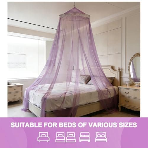 HATFRYF Dome Mosquito Net, Bed Canopy, Dome Canopy Bed Large Hanging, Mosquito Net for Travel&Room Single to Double Universal, Breathable Mesh Effective Anti, Girls Boy Room Decor - Purple — view 3