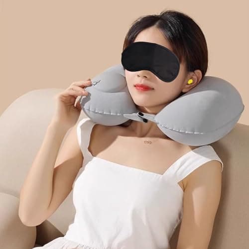 MUNSKT Gray Inflatable U Shaped Travel Neck Pillow with Eye Mask, Ear Plugs & Carry Bag, Ergonomic, Lightweight, Compact & Quick Pack, for Airplane & Travel — view 5