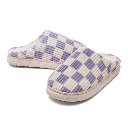 Waysoland House Slippers Women Men,Fuzzy Ladies Memory Foam Checkered Slip on Anti-Skid Sole Bedroom Cloud Slippers Indoor Outdoor(Purple,6/7 UK)