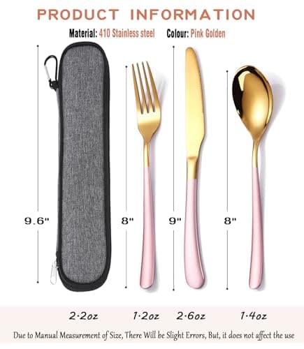 MURRI&MURRDI Stainless Steel Cutlery Set for 1, Reusable Flatware Set with Case, Cutlery Set for Work Stainless Steel Knife Fork Spoon Set 3 Piece (3 Pink Gold) — view 2