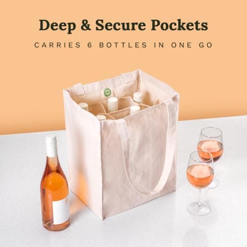 Six Bottle Canvas Wine Tote Bag - Premium Material, Extremely Sturdy, Washable & Reusable Wine Carrier Bag - Double Stitched Reusable Wine Bags - Sturdy 6 Bottle Wine Carrier (1 Bag), Natural Cotton — view 3