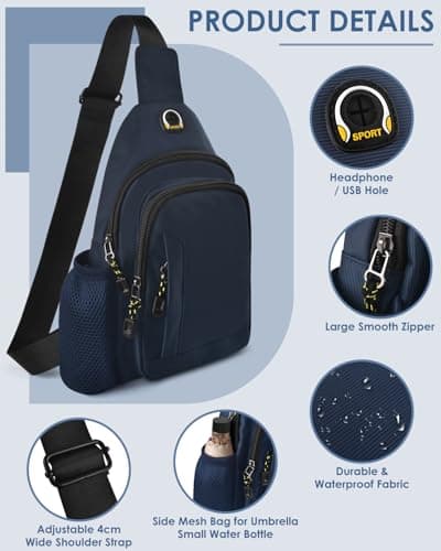 BROTOU Unisex Crossbody Shoulder Bag, Waterproof Chest Bag with Small Side Mesh Bag and USB Hole, Travel Hiking Daypack — view 3