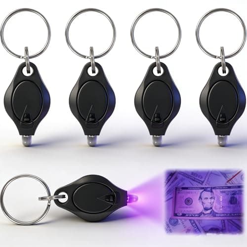 UV LED Keychain Flashlight, 395nm Blacklight Money Detector, Mini UV Torch for Counterfeit Note Verification, Portable Keyring Flashlight for Banknote, Hotel Cleanliness, Pet Stains (Black, 5 Pcs)