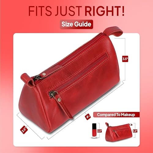 TheAntiq Leather Toiletry Bag Travel Dopp Kit for Men & Women Leather Makeup Organiser with Zipper Compartments Compact Travel Pouch 8x3.5x3.5 Inch (Red) — view 2
