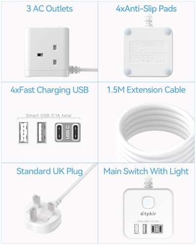 Extension Lead with USB Slots, 3 Way Cube Extension, White — view 6