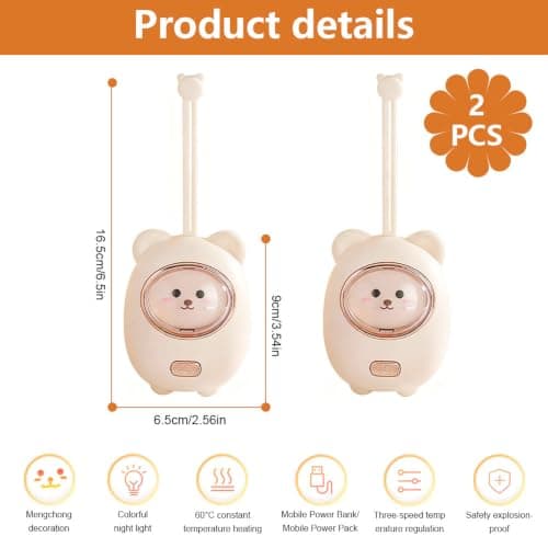 2 Pack Hand Warmers Rechargeable, 2 Heat Levels Cute Bear Design — view 2