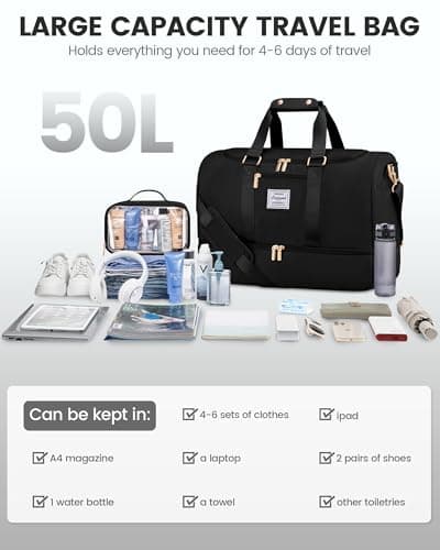 LOVEVOOK Travel Bags for Women, 50L Large Weekend Overnight Holdall Hospital Bags with Toiletry Bag, Shoe Compartment & Wet Pocket, Waterproof Cabin Carry On Hand Luggage for Travel Gym Sports, Black — view 5