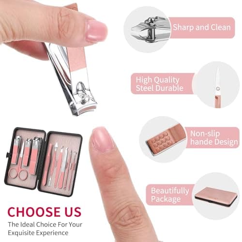 ZIZZON Travel Mini Manicure Set Nail Clipper Set 10 in 1 Stainless Steel Pedicure Care Grooming kit with Case Pink — view 3