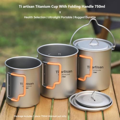 Ti artisan Titanium Cup Camping Pot Ultralight Titanium Mug 750ML Camping Cup Titanium Pot with Foldable Handles and Lid for Outdoor Camping Hiking Backpacking (750ML) — view 3