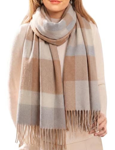 Vijamiy Womens Winter Scarf, Soft Checked Tartan Scarf for Women, Long Warm Shawl Wrap with Tassels, Lightweight Ladies Scarf for Autumn Winter, Brown & Light Blue