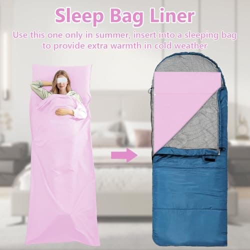 Jonuin Sleeping Bag Liner, 210 x 115 cm Sleeping Bag Liners, Lightweight, Soft & Portable Travel Sheet for Adults, Unisex Sleeping Bag Liner for Backpacking, Camping, Hotels, and Summer Trips (Pink) — view 5
