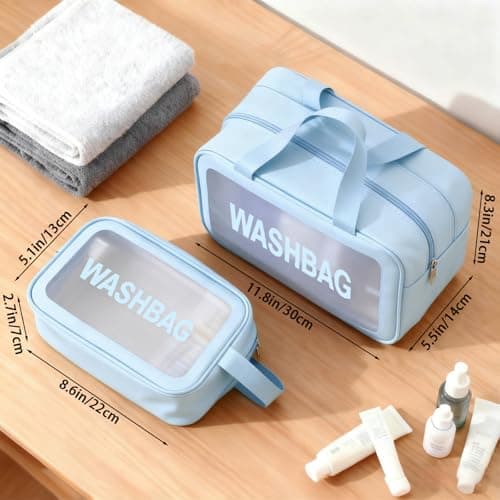 2 PCS Clear Toiletry Bag, Wet Dry Separation Wash Bag, Clear Ttravel Toiletries Bag, Waterproof Large Capacity Shower Bag, PU Makeup Bag with Handles for Women Girls — view 3