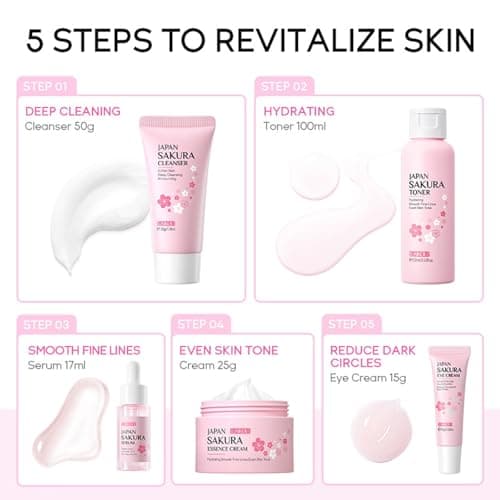 Sakura Skin Care Set, Mothers Day Gift Set, Skin Care Sets & Kits, Skincare Set Products with Face Serum,Cleanser,Eye Cream,Face Cream,Toner,Travel Skin Care Moisturizing Essentials Set - 5PCS — view 4