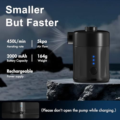 Mojimdo Portable Electric Air Pump for Inflatables, Rechargeable Battery Air Pump for Airbed 2-in-1 Portable Mini Vacuum Pump with 4 Air Nozzles and Storage Bag for Air Mattress, Pool — view 2