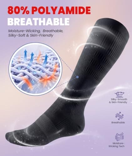 PULIOU Cooling Compression Socks for Women and Men, 20–30 mmHg Graduated Compression, Circulation Knee High Flight Socks for Flying, Travel, Sport, Nurses, 2 Pairs, Black S-M — view 5