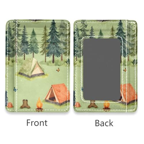 xigua Slim Wallet Front Pocket Leather RFID Blocking Credit Card Holder Camping-Tents-Forest-Illustration-Nature-Tree Minimalist Wallets — view 2