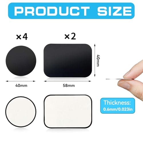Haluway 6 Pcs Metal Plates for Magnetic Phone Mounts, 2 Rectangular & 4 Round, 0.5mm Ultra-Thin Stainless Steel Adhesive Plates, Replacement Plates for Car Phone Holders, Not Magnetic Black — view 2