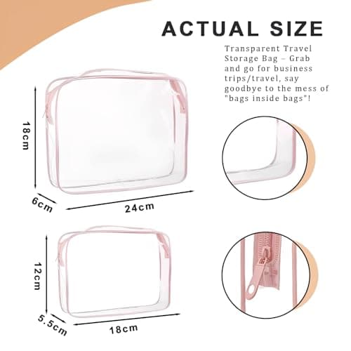 2 Pcs Clear Toiletry Bag, Pink Clear Wash Bags for Toiletries, PVC Waterproof Transparent Makeup Bags for Travel, Portable Transparent Cosmetic Bag for Men Women Luggage (Medium,Large) — view 2