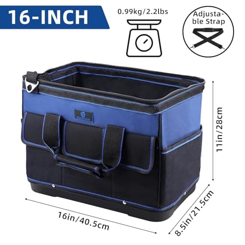 ROCKCOON Tool Bag 16'', Multi-pocket Tool Organizer with Water Proof Rubber Base, Heavy Duty Tote with Shoulder Strap for Tool Storage, Black & Blue — view 2