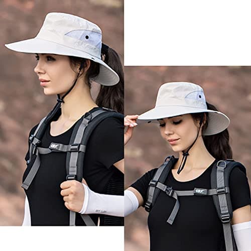 KorhLeoh Women's Outdoor UV-Protection-Foldable Sun-Hats Mesh Wide-Brim Beach Fishing Hat with Ponytail-Hole Beige — view 3